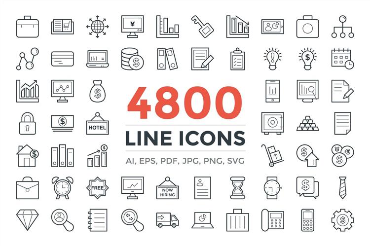 4800个Ai、Eps、Psd、Svg、Png格式图标合辑包 4800 Line Icons Pack