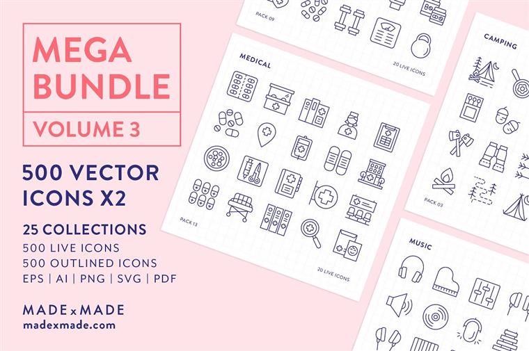500个独特矢量线图标的大型捆绑包 Mega Bundle Vol 3 Line Icons